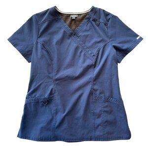 Elle Womens Navy Blue Medical Scrub Top Medium Side Zip Stretch Pockets Lightwei
